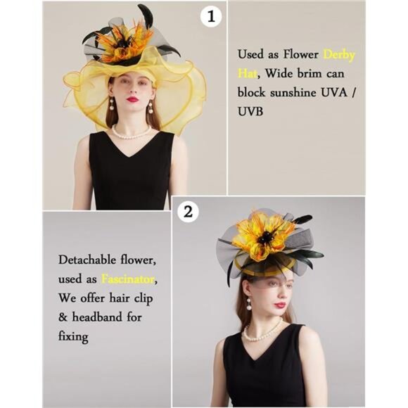 Women Organza Church Tea Party Hats Floral Yellow Black